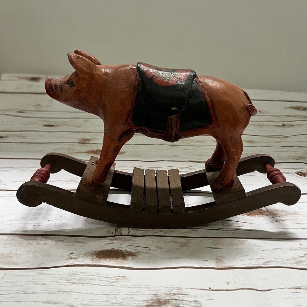 Folk Art Farmhouse Rocking Pig Figurine Brown Wood Decor 12.5in
